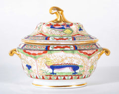 Pair of Worcester "Dragons in Compartments" Covered Sauce Tureens