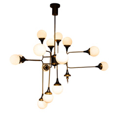 Stilnovo Brass and Opaline Glass Chandelier