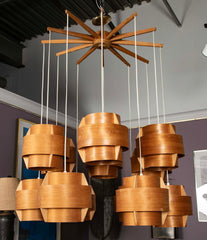 A Swedish Mid-Century 10 Lamp Suspended Ceiling Light of Pine