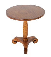 American Tiger Maple Pedestal Table on Scroll Feet