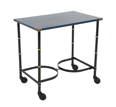 Jacques Adnet Metal, Leather and Wood Side Table on Casters