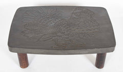 A Roger Capron Lead Wrapped Coffee Table with Incised Bird on Table Top