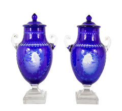 A Pair of English Cobalt Cased Clear Glass Urns