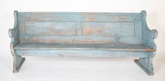 A Late 19th Century American Curved Blue Painted Settle Bench