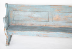 A Late 19th Century American Curved Blue Painted Settle Bench