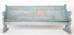 A Late 19th Century American Curved Blue Painted Settle Bench