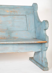 A Late 19th Century American Curved Blue Painted Settle Bench