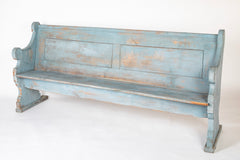 A Late 19th Century American Curved Blue Painted Settle Bench