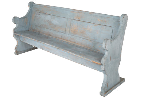 A Late 19th Century American Curved Blue Painted Settle Bench