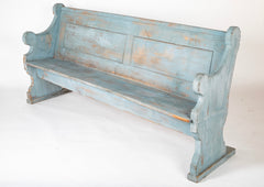 A Late 19th Century American Curved Blue Painted Settle Bench