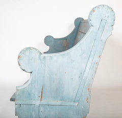 A Late 19th Century American Curved Blue Painted Settle Bench