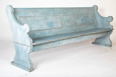 A Late 19th Century American Curved Blue Painted Settle Bench