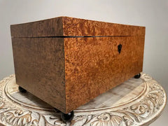 19th Century English Regency Burl Wood Veneer Box with Ebonized Ball Feet