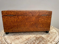 19th Century English Regency Burl Wood Veneer Box with Ebonized Ball Feet