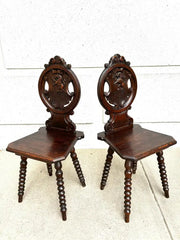 Pair 18th Century Italian Chestnut Hall Chairs Carved With Lion Crests