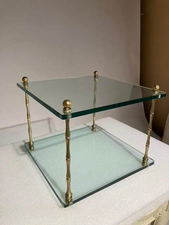 Glass Faux Bamboo Brass Cube Square Side Table Stand For Sale at 1stDibs
