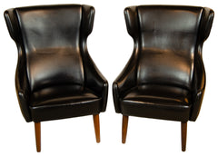 Pair of Mid-Century Danish Black Vinyl Wingback Chairs