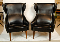 Pair of Mid-Century Danish Black Vinyl Wingback Chairs