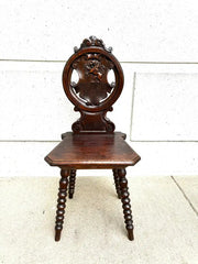 Pair 18th Century Italian Chestnut Hall Chairs Carved With Lion Crests