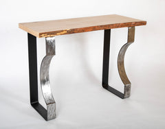 A Contemporary Console with Natural Wood Top over Metal Base