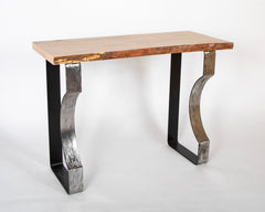 A Contemporary Console with Natural Wood Top over Metal Base