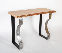 A Contemporary Console with Natural Wood Top over Metal Base