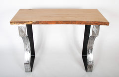 A Contemporary Console with Natural Wood Top over Metal Base