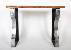 A Contemporary Console with Natural Wood Top over Metal Base