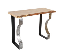 A Contemporary Console with Natural Wood Top over Metal Base