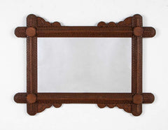 Tramp Art Carved Wood Framed Mirror Circa 1900