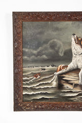 American 19th century Oil on Canvas of Dog Family Caught in Flood