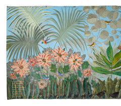 Large Mural in Tempera Paint Featuring Birds, Foliage & Flowers by 9 Artists