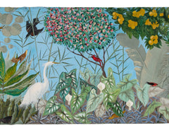 Large Mural in Tempera Paint Featuring Birds, Foliage & Flowers by 9 Artists