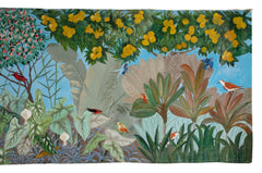 Large Mural in Tempera Paint Featuring Birds, Foliage & Flowers by 9 Artists