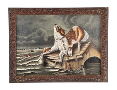 American 19th century Oil on Canvas of Dog Family Caught in Flood