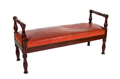 European Mahogany Window Bench with Leather Upholstered Seat