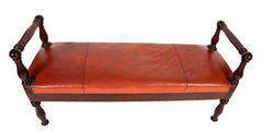 European Mahogany Window Bench with Leather Upholstered Seat