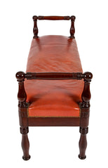 European Mahogany Window Bench with Leather Upholstered Seat