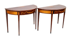 Pair of Satinwood Highly Decorated Mahogany Demilune Console Tables