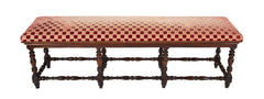 English Jacobean Walnut Upholstered 8 Leg Bench