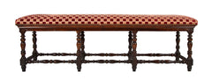 English Jacobean Walnut Upholstered 8 Leg Bench