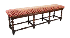 English Jacobean Walnut Upholstered 8 Leg Bench