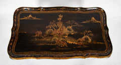 Black Lacquered Chinoiserie Scalloped Tray on Stand