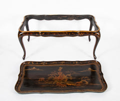 Black Lacquered Chinoiserie Scalloped Tray on Stand