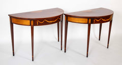 Pair of Satinwood Highly Decorated Mahogany Demilune Console Tables