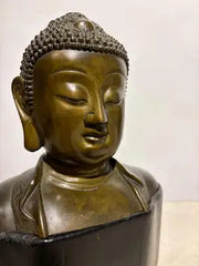 19th Century Bronze Bust of Buddha on a Wooden Base