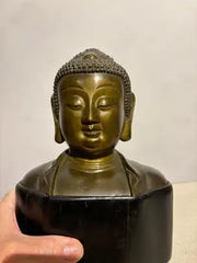 19th Century Bronze Bust of Buddha on a Wooden Base