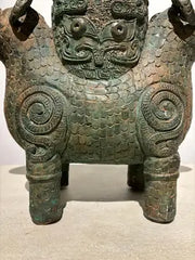 Archaistic Shang Style Verdigris Bronze 'Double-Ram' Vessel, Zun Circa 1900