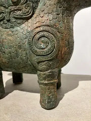 Archaistic Shang Style Verdigris Bronze 'Double-Ram' Vessel, Zun Circa 1900