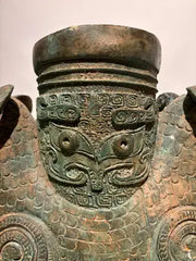 Archaistic Shang Style Verdigris Bronze 'Double-Ram' Vessel, Zun Circa 1900